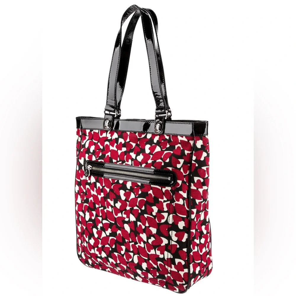 Tory Burch Red Hearts Canvas with Black Patent Leather Tote Shopper EUC